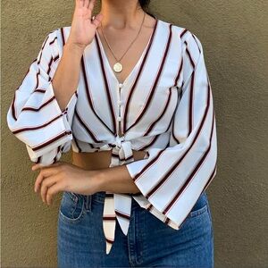 SOLD | Forever 21 White and Brown Striped Tie-Front Blouse